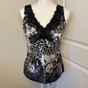 Y2K Cache Womens XS Satin Floral Leopard Print Lace Trim V-Neck Blouse Black